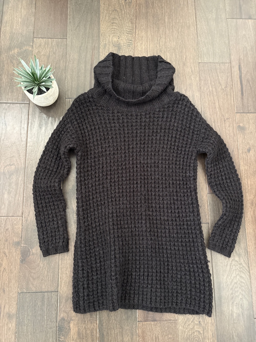 Guess Black Waffle-Knit Cowl Neck Long Sleeve Dress